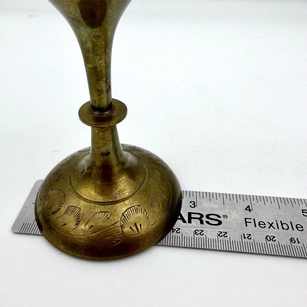 Vintage Etched Brass‎ Vase 10in Pedestal Fluted Rim Botanical Leaf Pattern